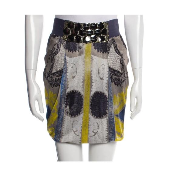 Yigal Azrouel Metallic Sequin Gray Yellow & Blue Draped Silk Pencil Skirt Small - Picture 1 of 6
